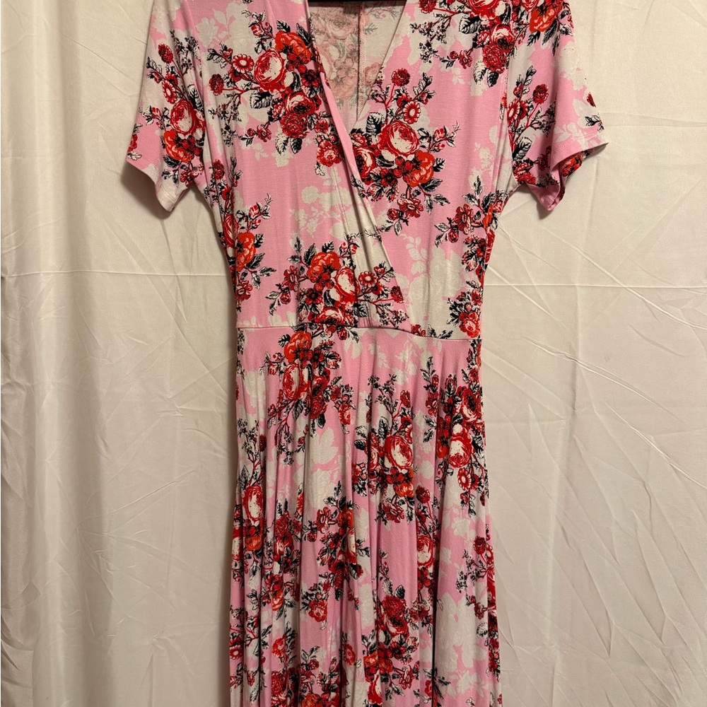 VENUS Pink and Red Floral Midi Dress